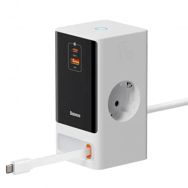 Мережевий зарядний пристрій Baseus PowerCombo Digital Power Strip White 65W + USB + USB Type-C + вбудований кабель