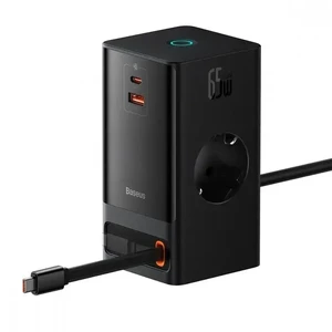 Мережевий зарядний пристрій Baseus PowerCombo Digital Power Strip Black 65W + USB + USB Type-C + вбудований кабель