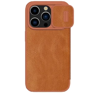 Кожаный чехол-книжка со шторкой для камеры Nillkin Qin Pro Leather Brown для iPhone 15 Pro Max  - Фото 1