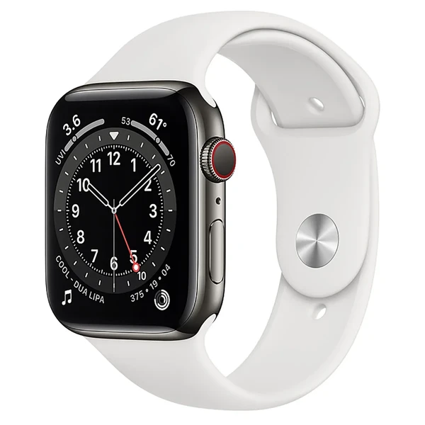 Смарт-годинник Apple Watch Series 6 GPS + Cellular, 44mm Graphite Stainless Steel Case with White Sport Band (M0GG3 | M09D3)