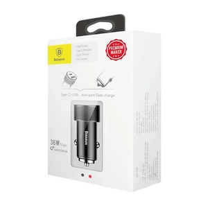 Быстрая автозарядка Baseus Small Screw USB Type-C PD + USB 3.0 Black 36W - Фото 5