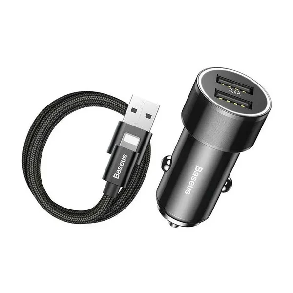 Автозарядка Baseus Small Screw Dual USB Black з кабелем Lightning to USB