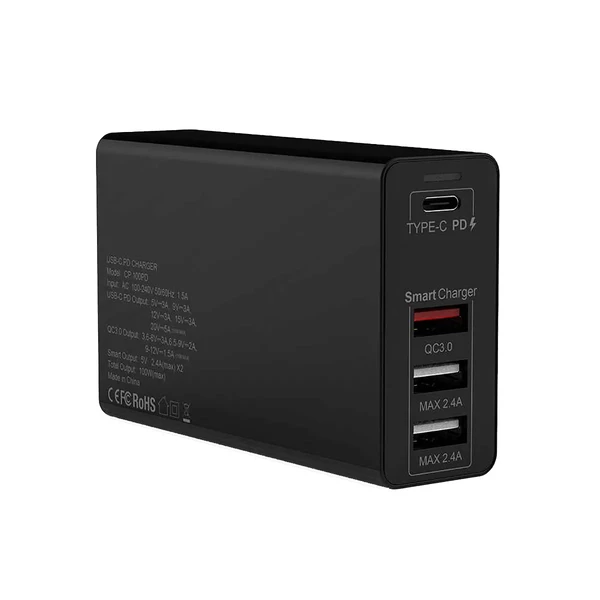 Зарядний пристрій iLoungeMax CP 100PD Type-C PD + QC3.0 + 2 USB для MacBook, Loptop, Phone 100W Black (EU)