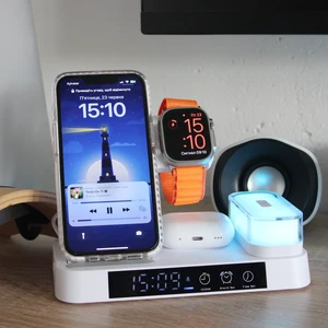 Док-станція 4 в 1 для зарядки iPhone/AirPods/Apple Watch, 30W, з підсвіткою і будильником | iLoungeMax 4-in-1 Foldable Charging Station White - Фото 3