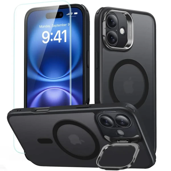 Півпрозорий чорний чохол зі склом ESR Classic Hybrid KickStand MagSafe для iPhone 16