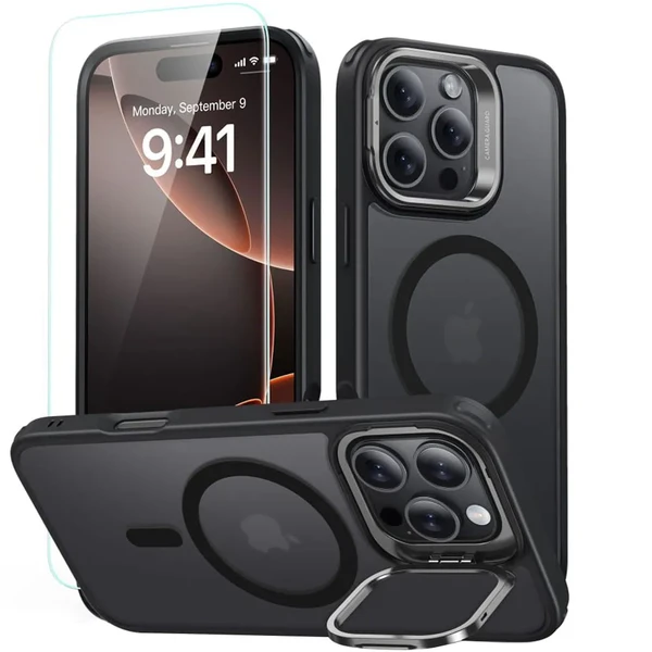 Полупрозрачный черный чехол со стеклом ESR Classic Hybrid KickStand MagSafe iPhone 16 Pro Max