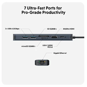 Хаб USB-C HyperDrive Next 7в1 з роз'ємами HDMI 4K, подвійним USB-A, кардридером microSD/SD, Ethernet, 100W PD для MacBook | Windows | Chromebook - Фото 7