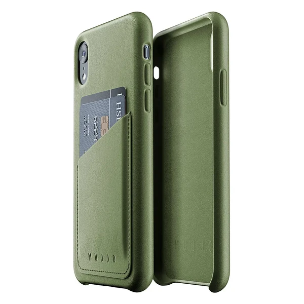 Кожаный чехол с отделением для карт MUJJO Full Leather Wallet Case Olive для iPhone XR в Харькове