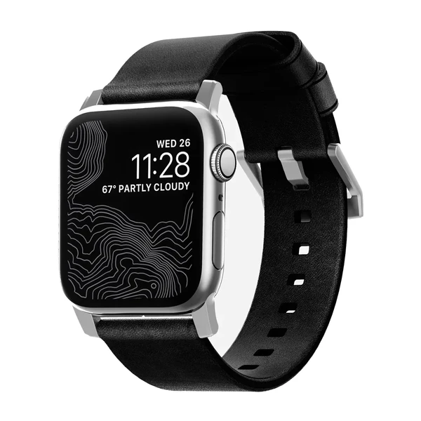 Кожаный ремешок для Apple Watch Ultra 49mm | 45mm | 44mm | 42mm  Nomad Modern Strap Silver Hardware Black