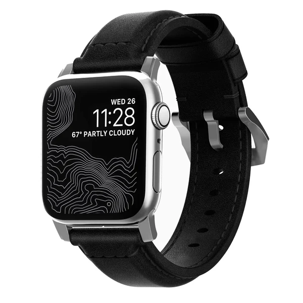 Кожаный черный ремешок для Apple Watch Ultra 49mm | 45mm | 44mm | 42mm  Nomad Traditional Leather Silver Hardware Black