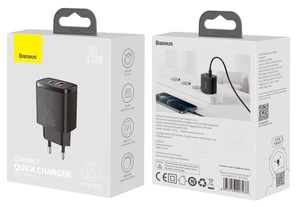 Сетевое зарядное устройство Baseus Compact Quick Charger QC + PD Type-C + USB 20W Black - Фото 6