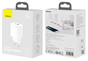 Мережевий зарядний пристрій Baseus Compact Quick Charger QC + PD Type-C + USB 20W Black White - Фото 6