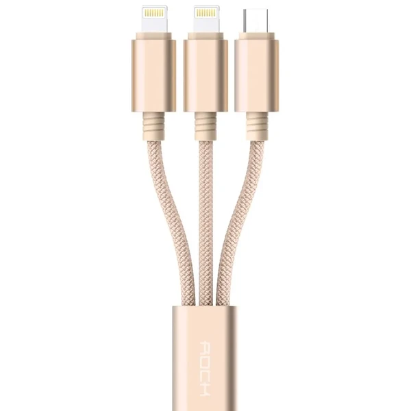 Кабель USB 3-в-1 ROCK MicroUSB + 2 Lightning Gold