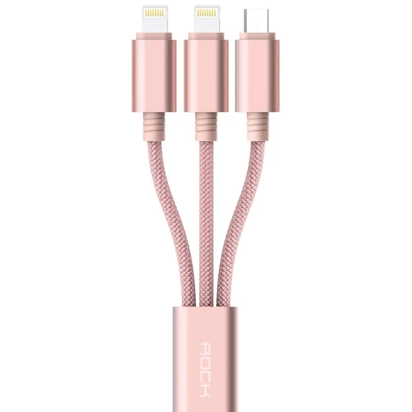 Кабель USB 3-в-1 ROCK MicroUSB + 2 Lightning Rose Gold