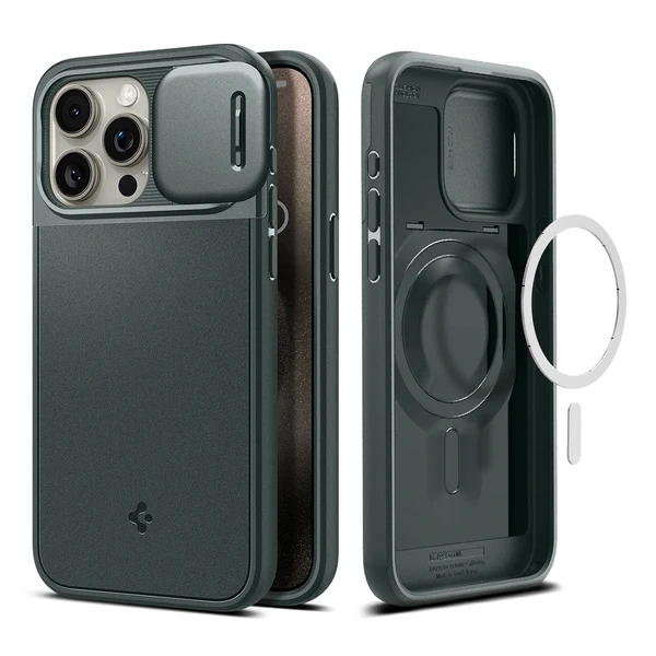 Протиуданий чохол зі шторкою для камери Spigen Optik Armor (MagFit) Abyss Green для iPhone 15 Pro