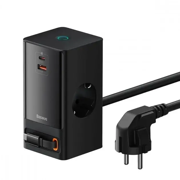 Сетевое зарядное устройство Baseus Power Combo Digital Power Strip Black 65W + USB + USB Type-C + встроенный кабель