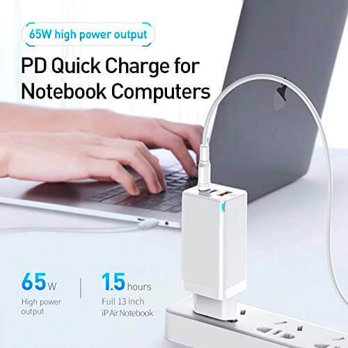 Швидкий зарядний пристрій Baseus GaN Charger 65W Fast Charger для Macbook / iPhone White