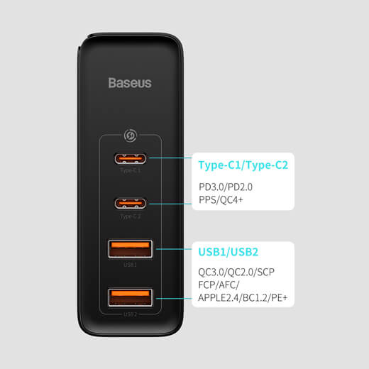 Быстрое сетевое зарядное устройство Baseus GaN2 Pro Fast Charger 2 Type-C + 2 USB-A Black 100W
