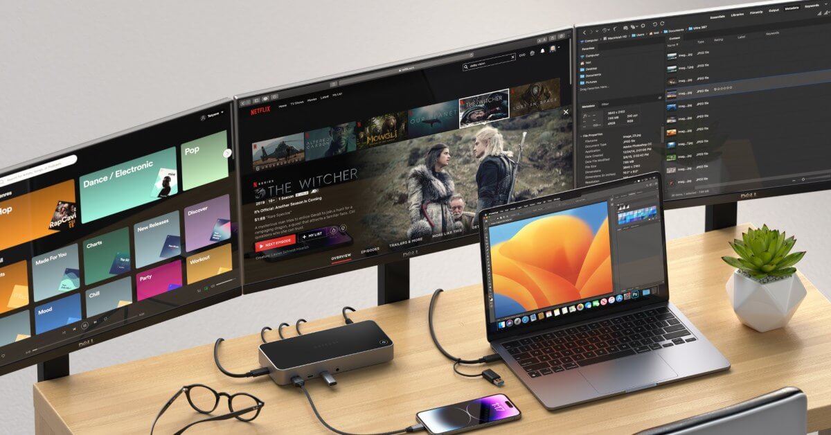 Док-станция 13-в-1 USB-C Satechi Triple 4K Docking Station с поддержкой 3 мониторов 4K портами 100W PD, 2 DisplayPort, 3 HDMI, 4 USB-C, USB-A, Gigabit Ethernet, Audio Jack для iPad | MacBook | Windows