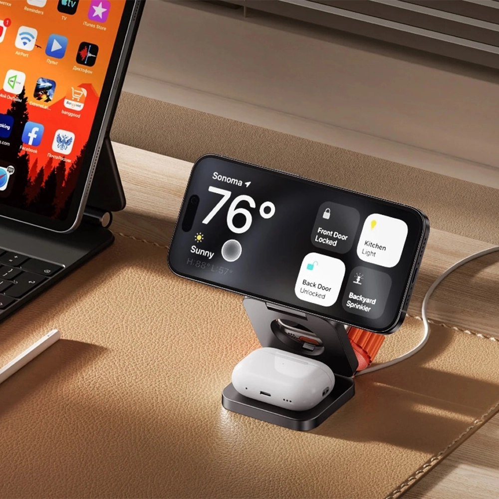 Складная портативная док-станция MagSafe 3-в-1 KUXIU Magnetic Wireless Charger 15W для iPhone AirPods | Apple Watch