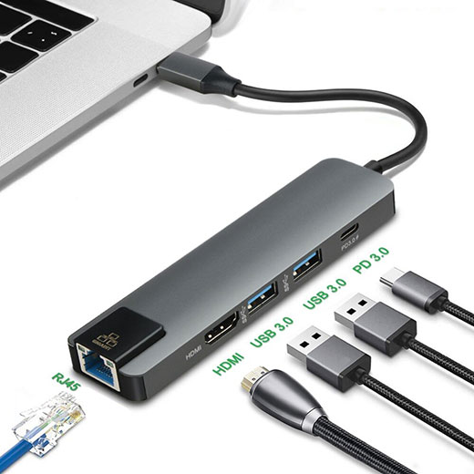 Багатофункціональний перехідник iLoungeMax 5 в 1 4K HDMI + Rj45 + USB 3.1 + USB-A + Type-C для MacBook