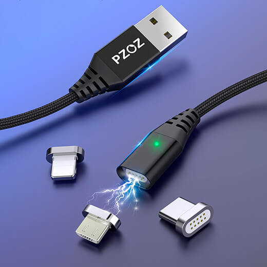 Магнітний кабель PZOZ / 1M + 3Plug для iPhone / Micro usb / Type-c Black